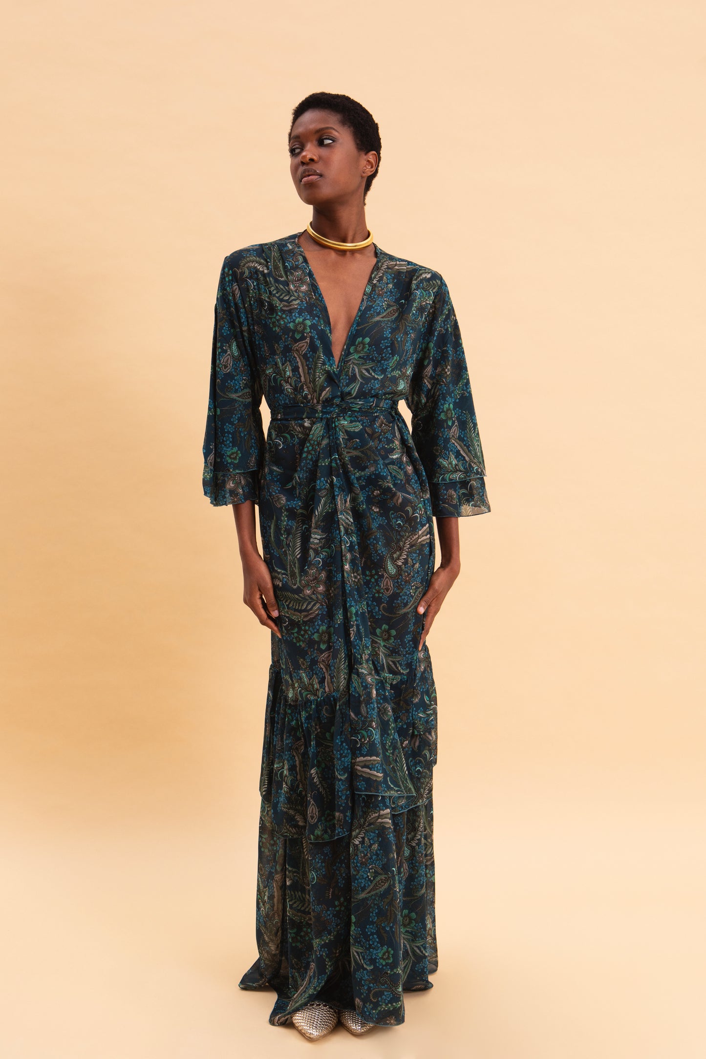 MYSTIC FOREST KIMONO DRESS WITH RUFFLES