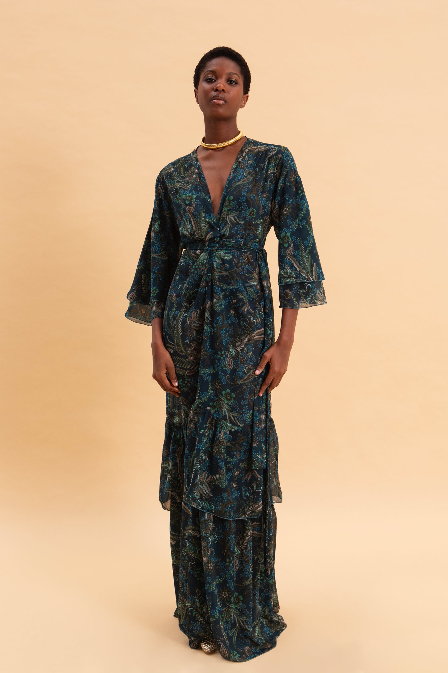 MYSTIC FOREST KIMONO DRESS WITH RUFFLES