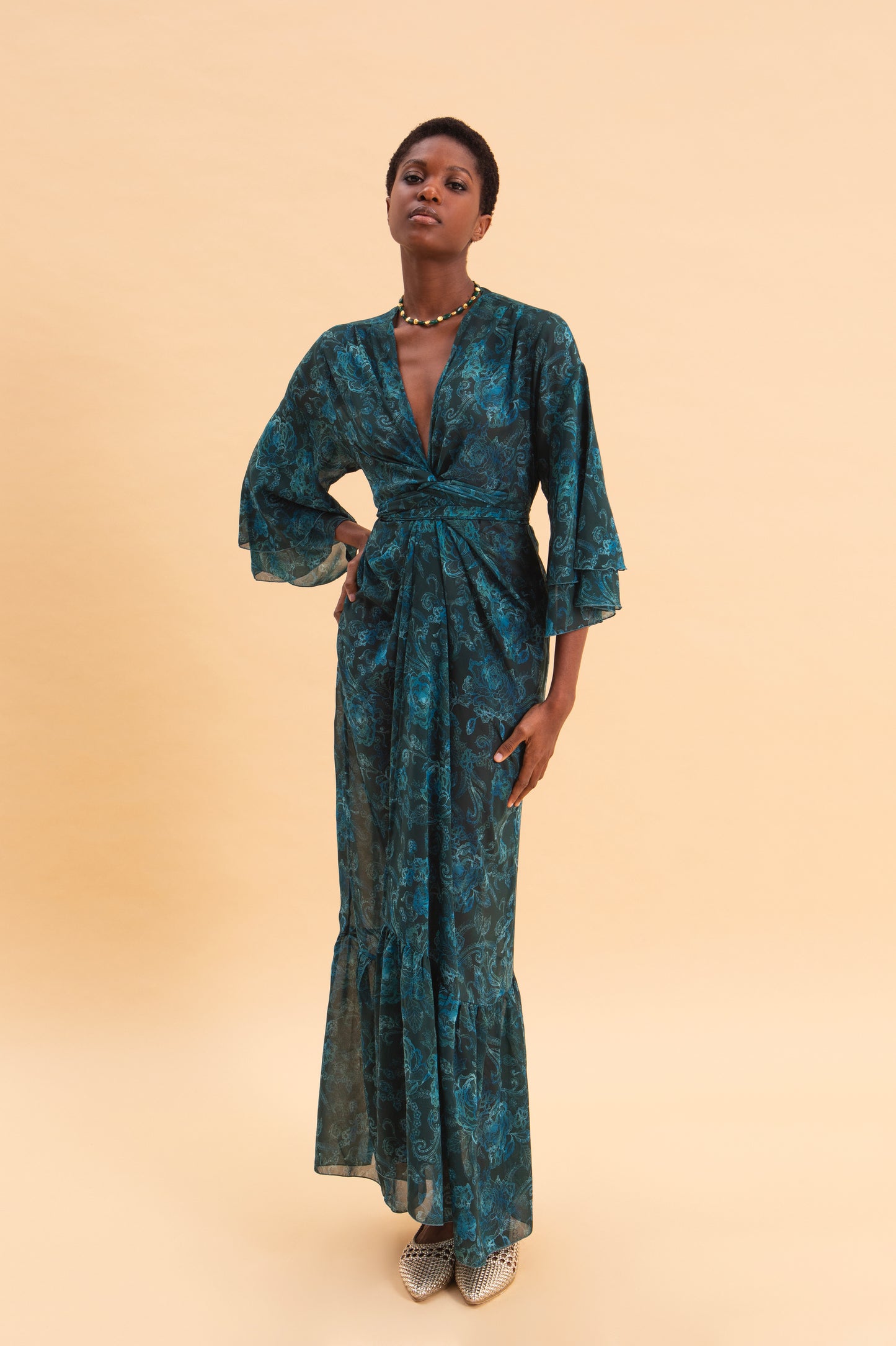 TEAL ELEGANCE KIMONO DRESS WITH RUFFLES