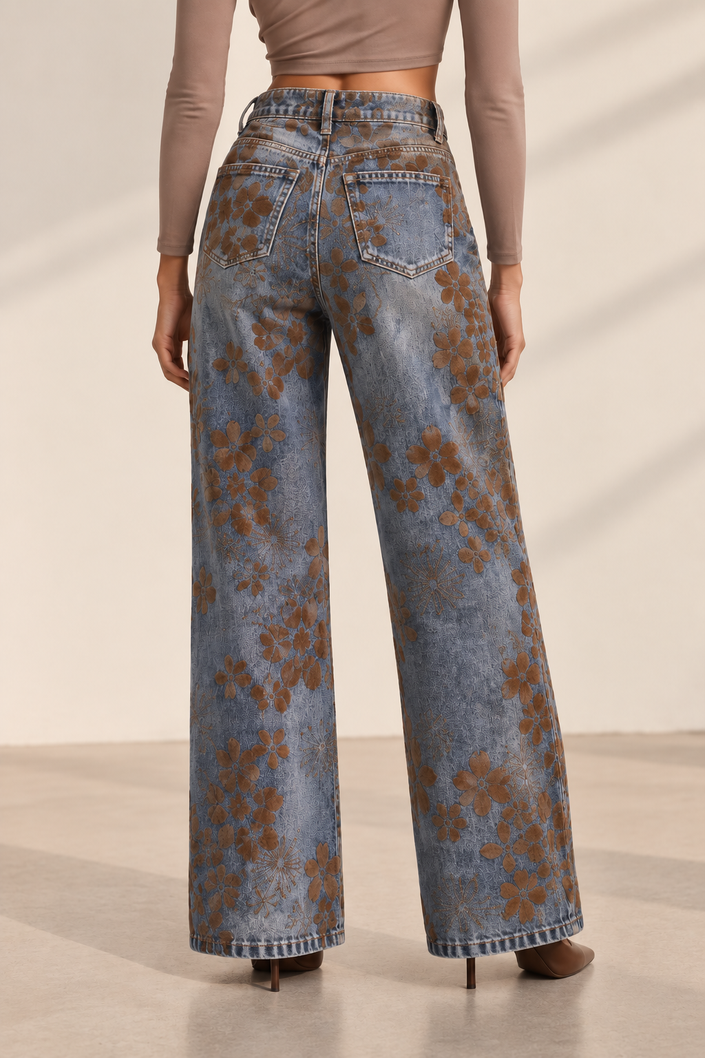 Floral Wide Leg Jeans – Blue & Brown