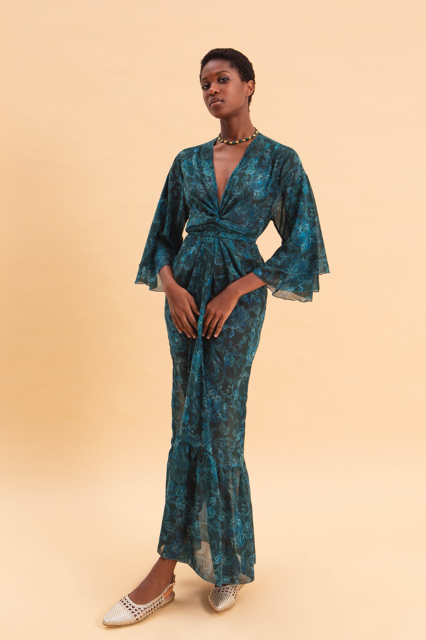 TEAL ELEGANCE KIMONO DRESS WITH RUFFLES