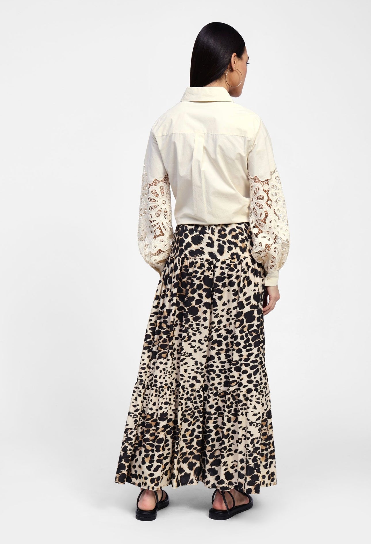 Long animal print skirt with ruffles