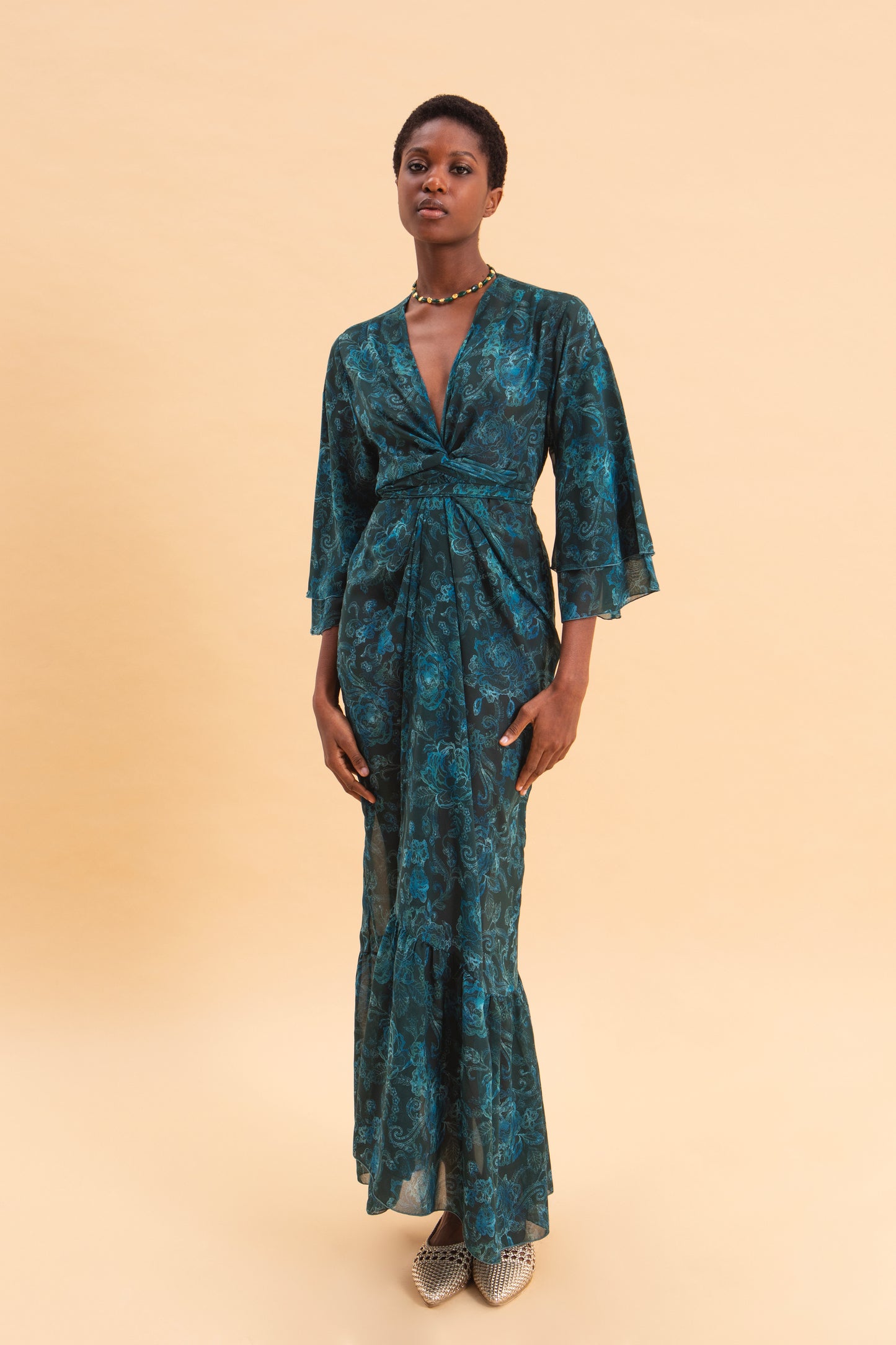 TEAL ELEGANCE KIMONO DRESS WITH RUFFLES