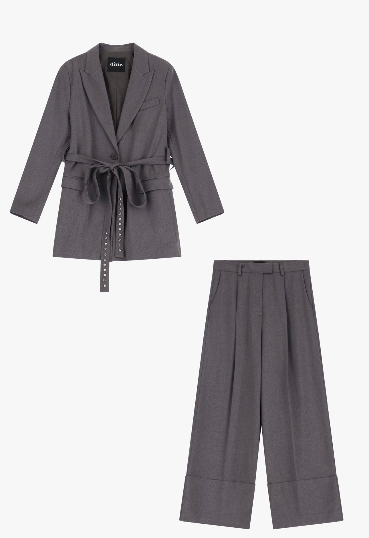 Suit with belted jacket and wide-leg trousers