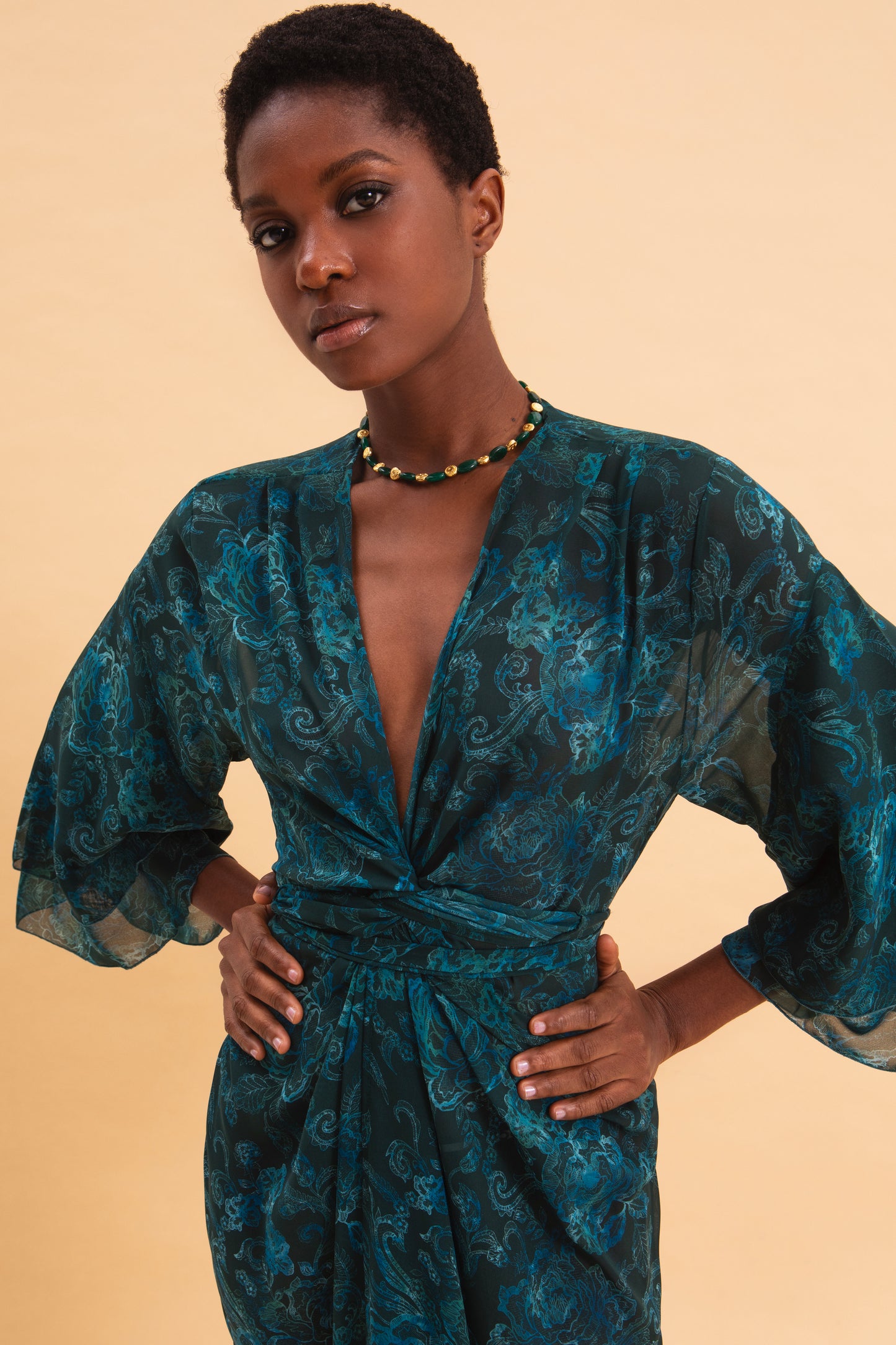 TEAL ELEGANCE KIMONO DRESS WITH RUFFLES