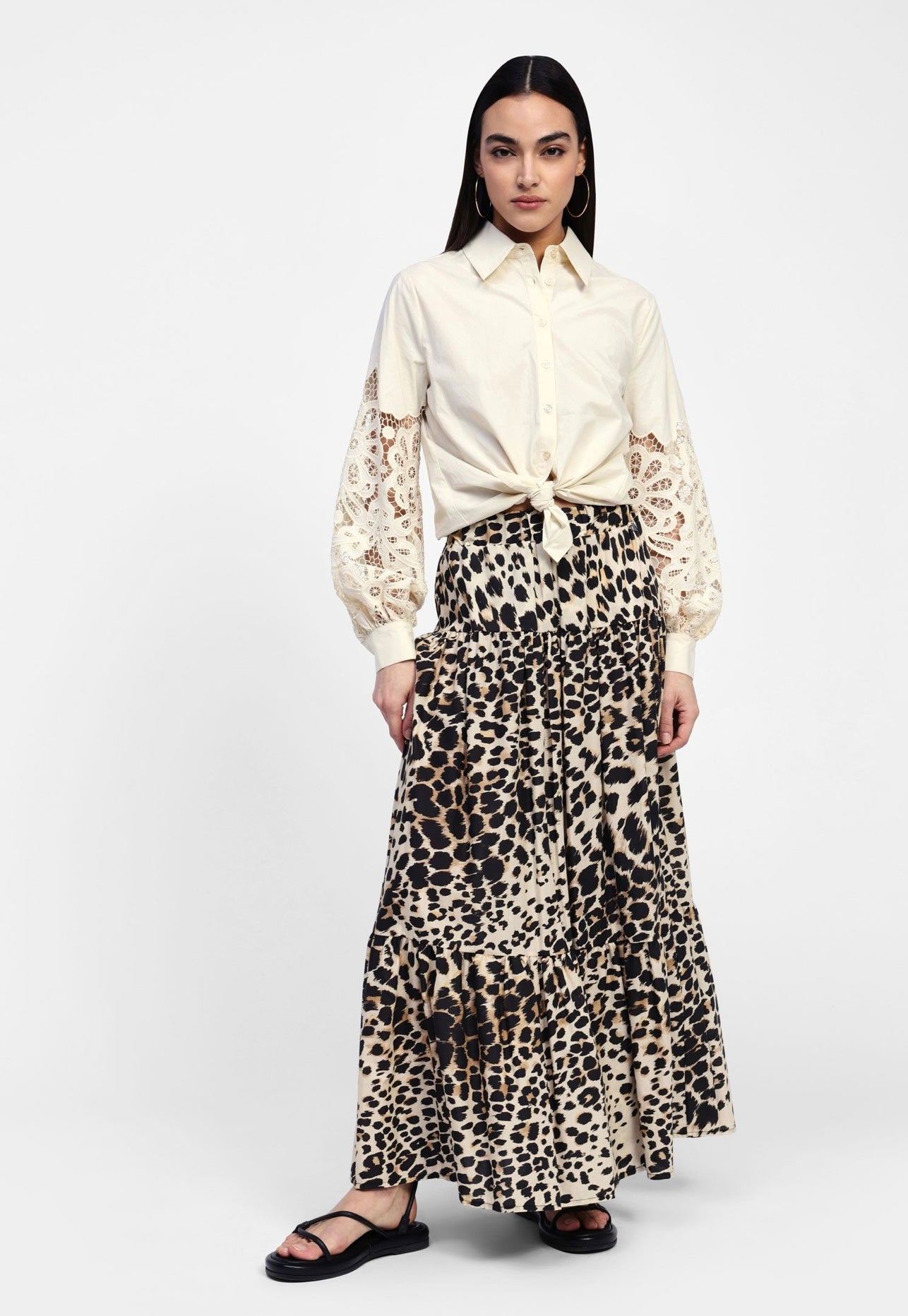 Long animal print skirt with ruffles