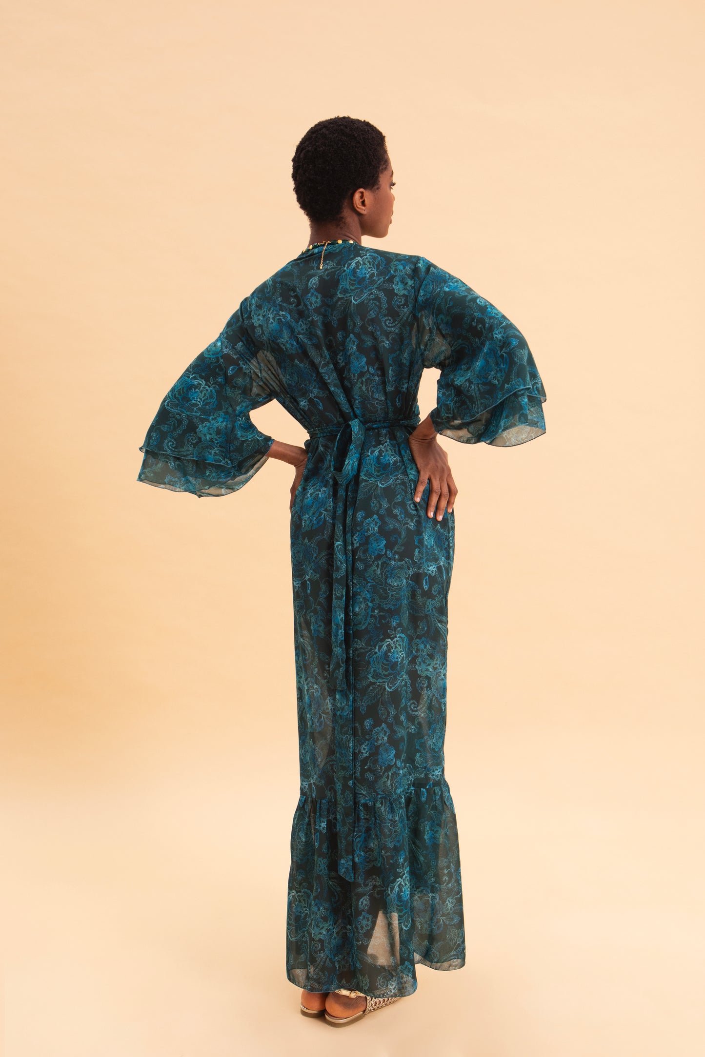 TEAL ELEGANCE KIMONO DRESS WITH RUFFLES