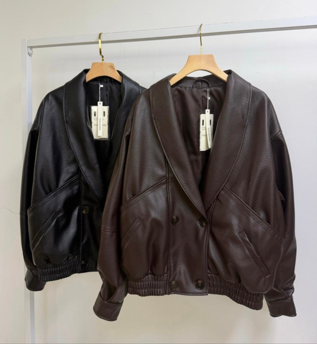Oversized vegan leather jacket brown