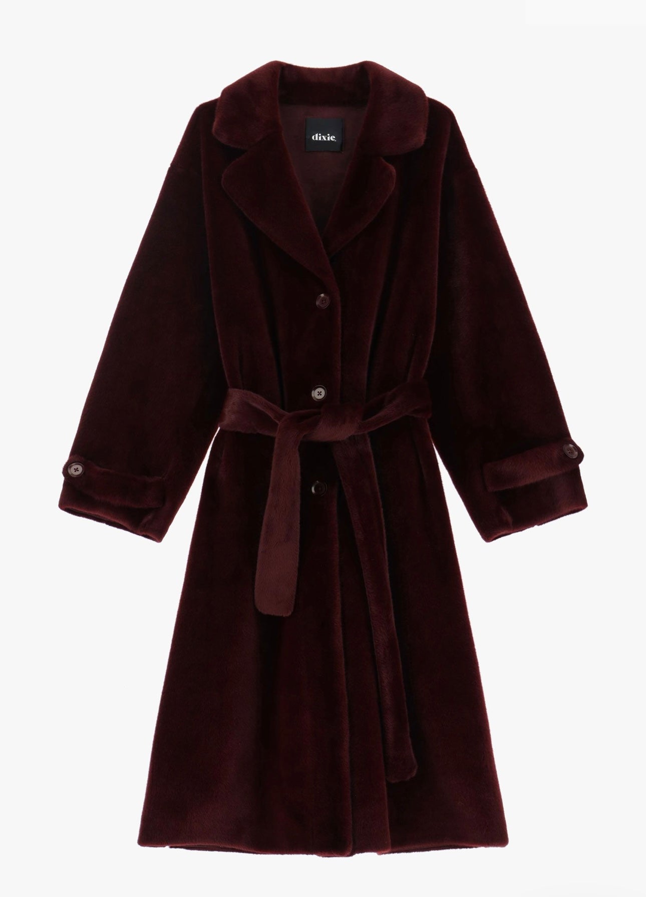 Long Bordeaux coat with buttons and belt