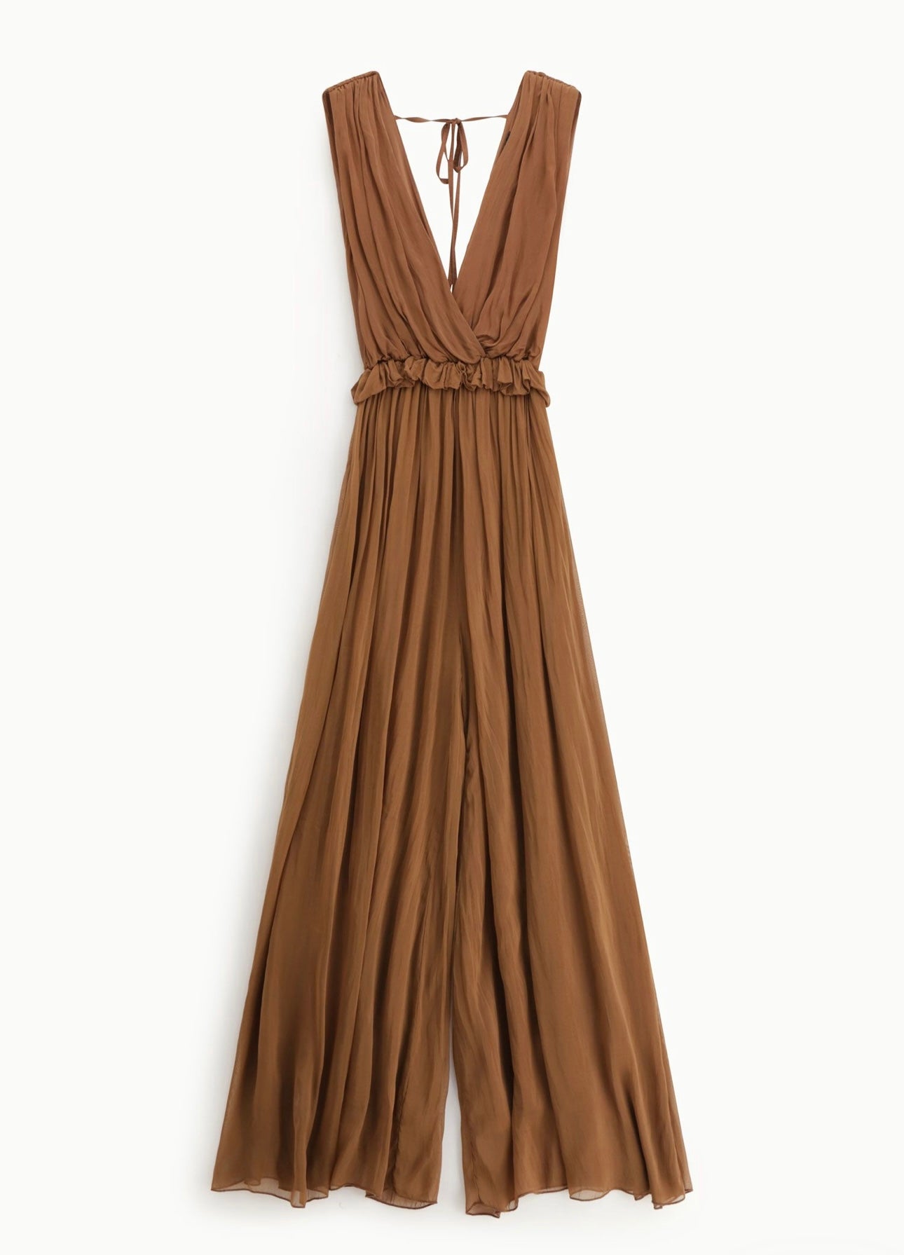 Sleeveless jumpsuit with v-neck and gathered waist