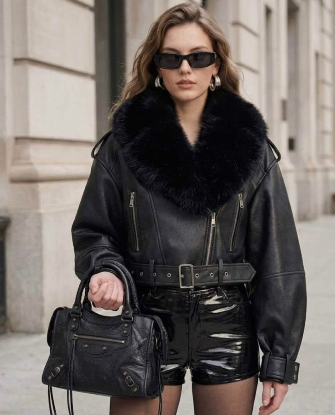 Cropped vegan biker leather jacket
