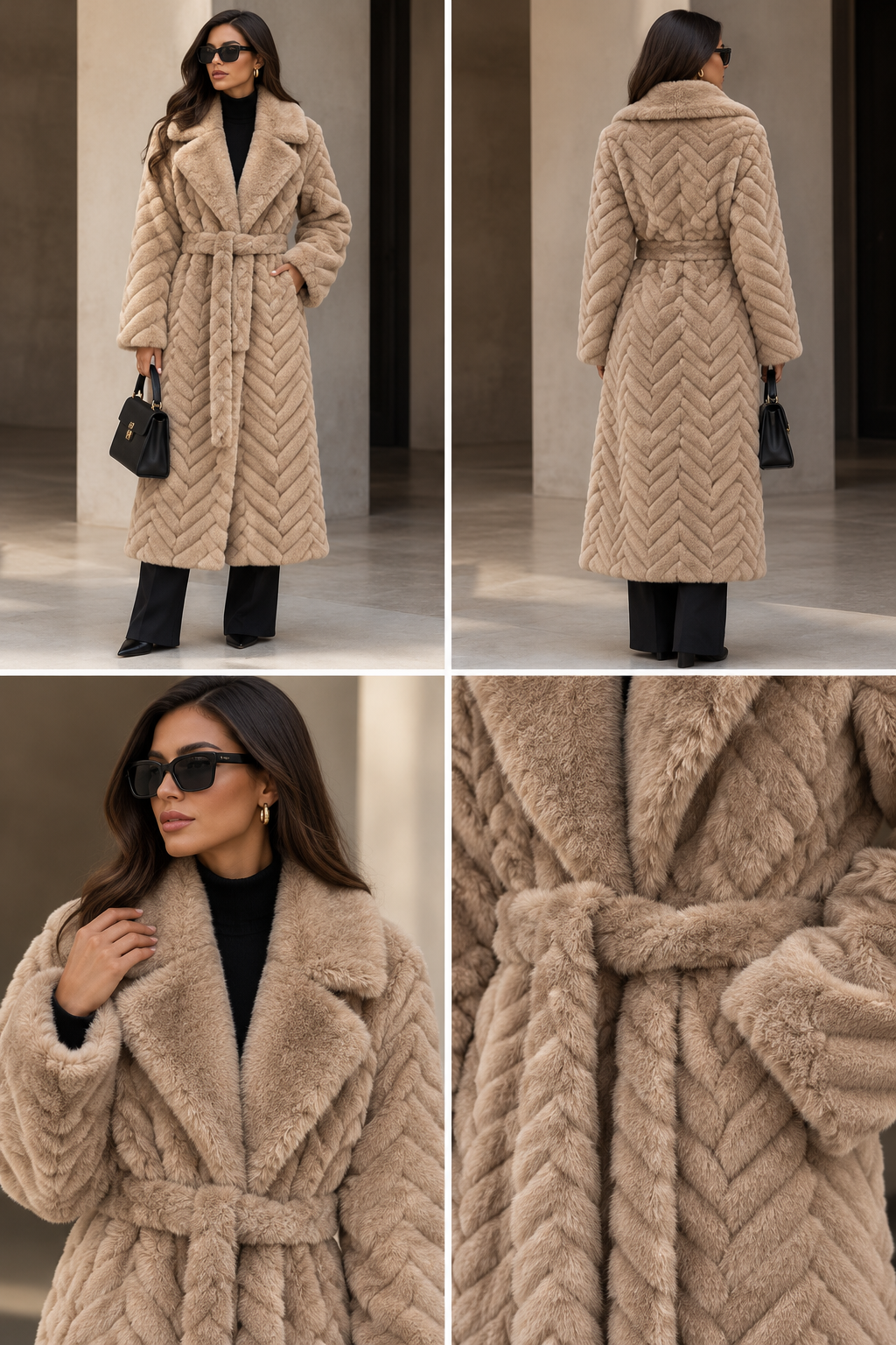 Luxury Chevron Faux Fur Παλτό με Ζώνη – Beige