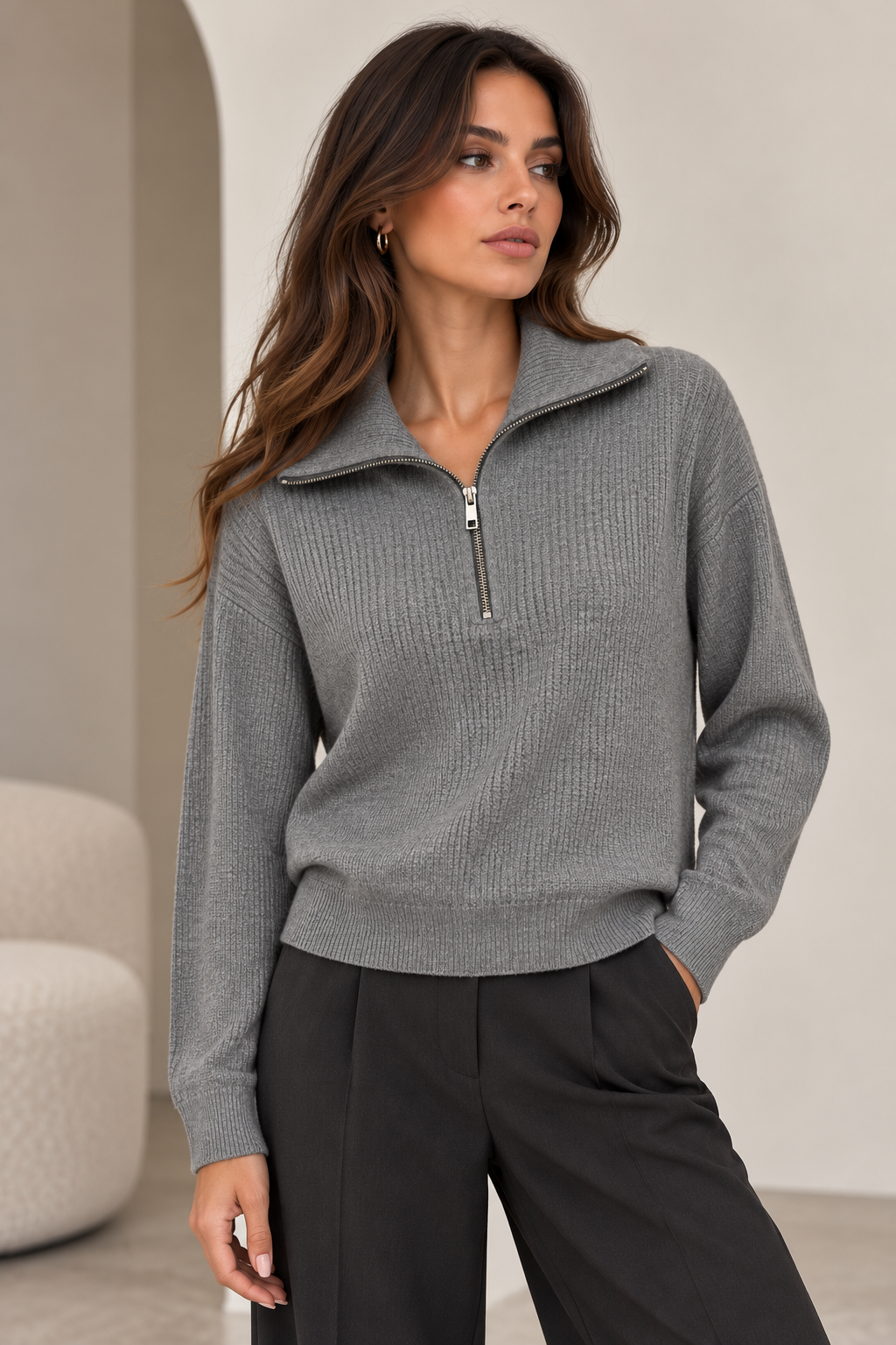 Πλεκτή Μπλούζα με Φερμουάρ & Γιακά – Rib Knit- Grey