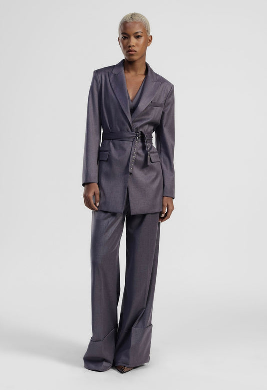 Suit with belted jacket and wide-leg trousers