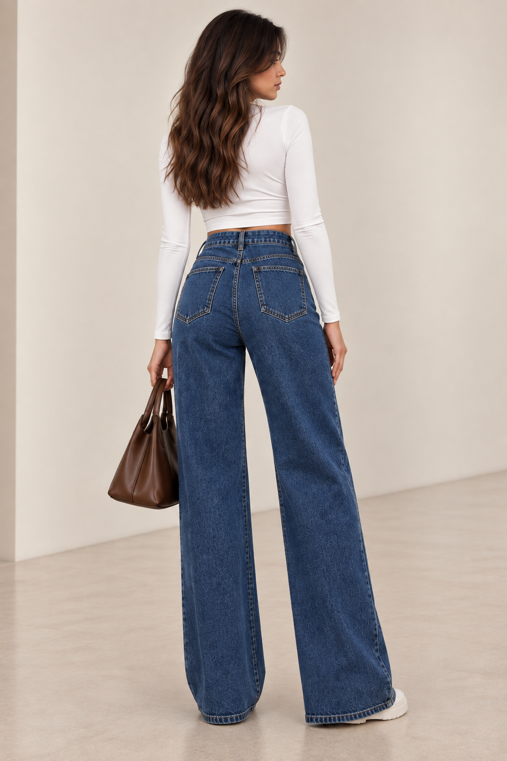 Blue High Waist Wide Leg Jeans με Κουμπιά & Ραμμένη Τσάκιση