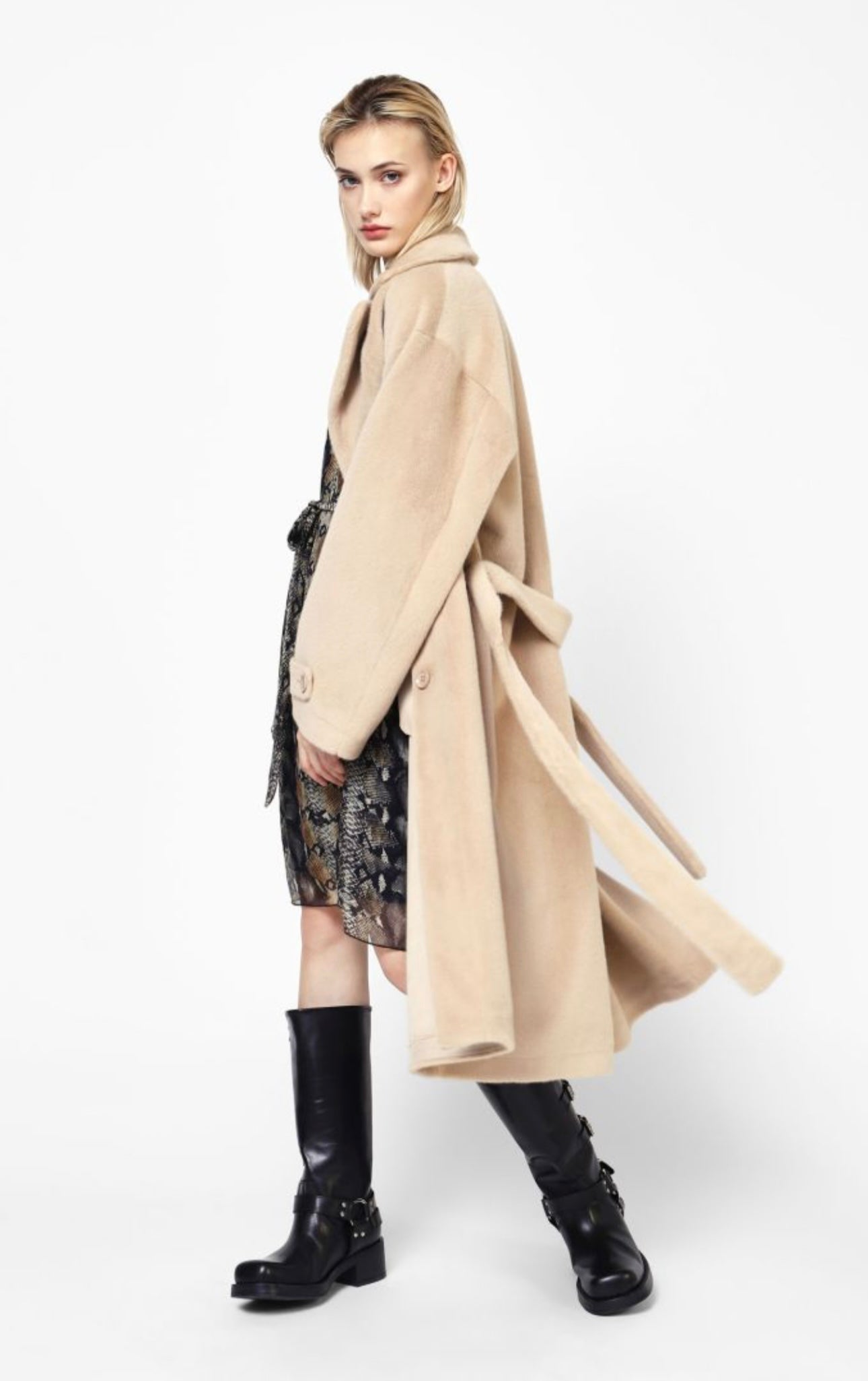 Faux Fur Long coat with tied belt