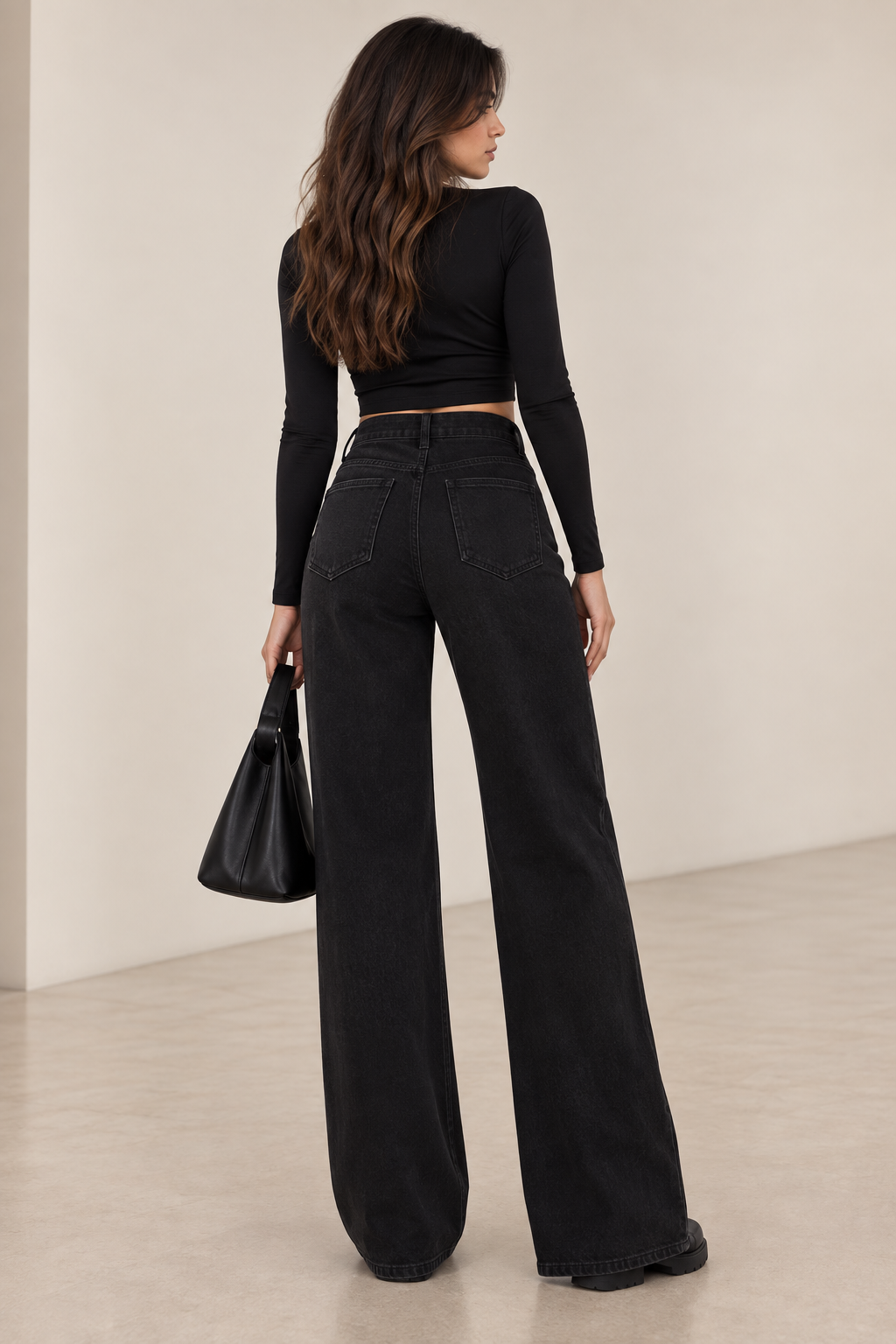 Black High Waist Wide Leg Jeans με Κουμπιά & Ραμμένη Τσάκιση
