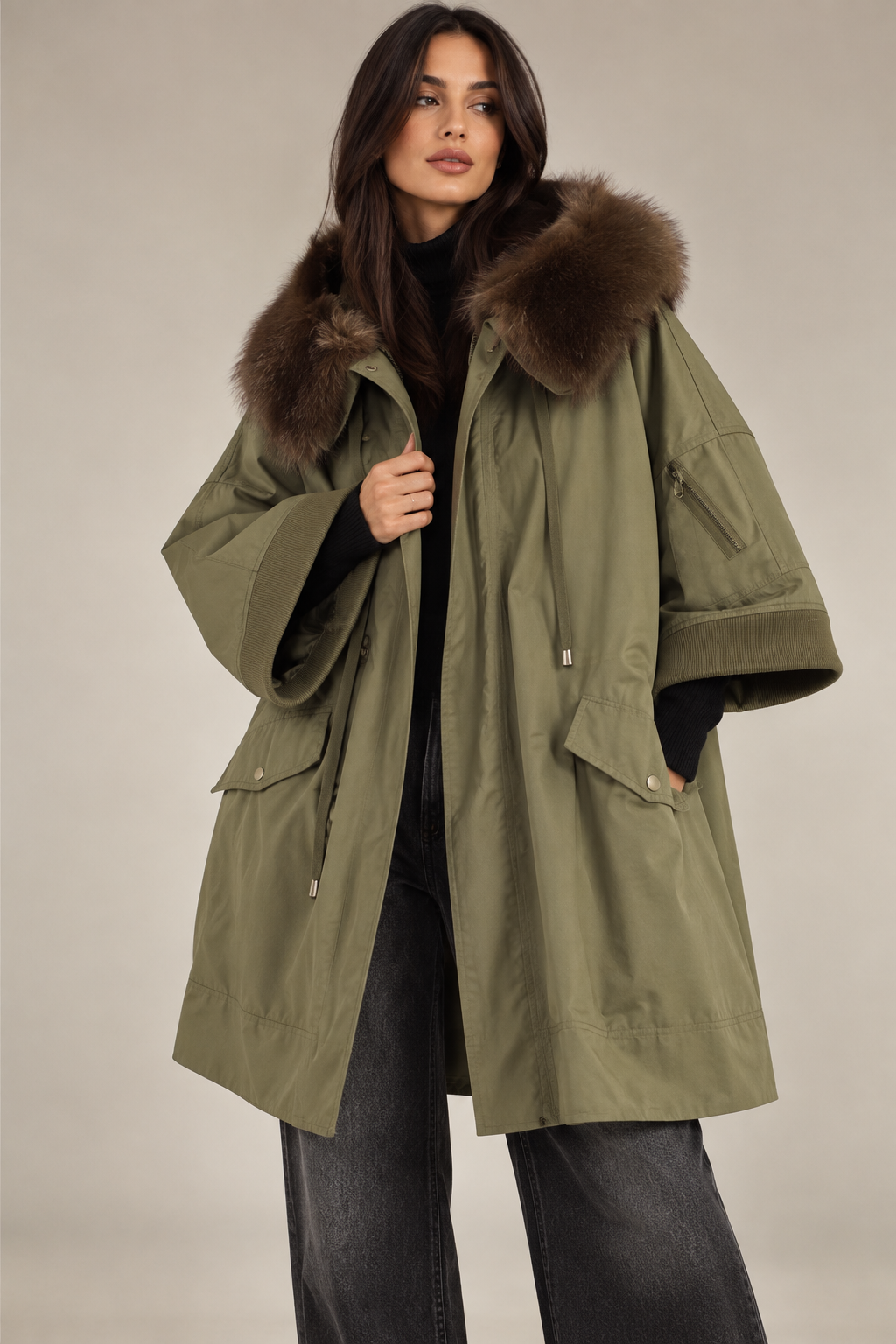 Dixie Oversized Parka με Γούνινο Γιακά – Khaki