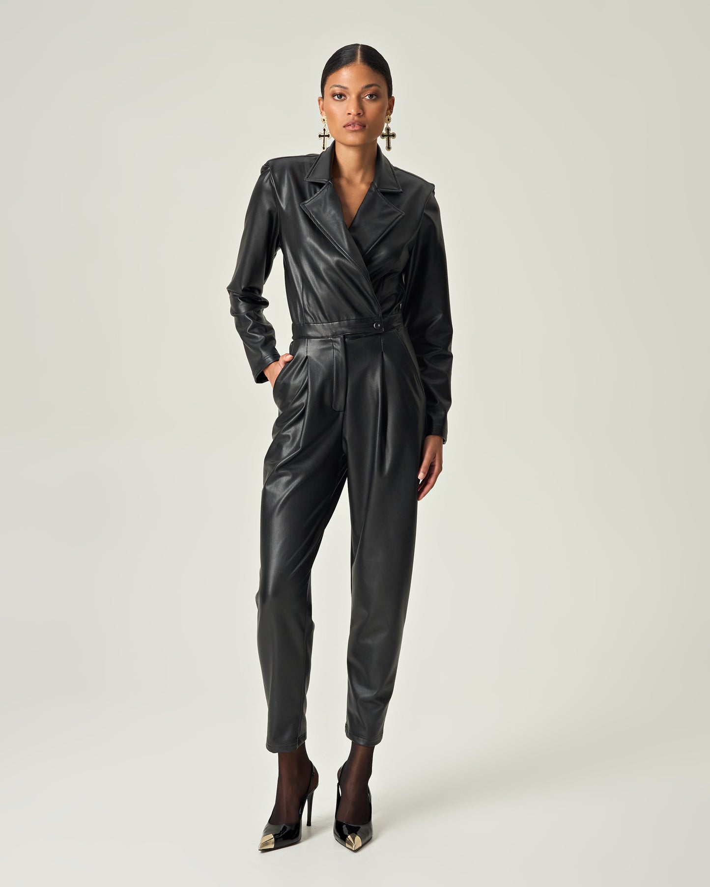 Noir authority soft leather jumpsuit