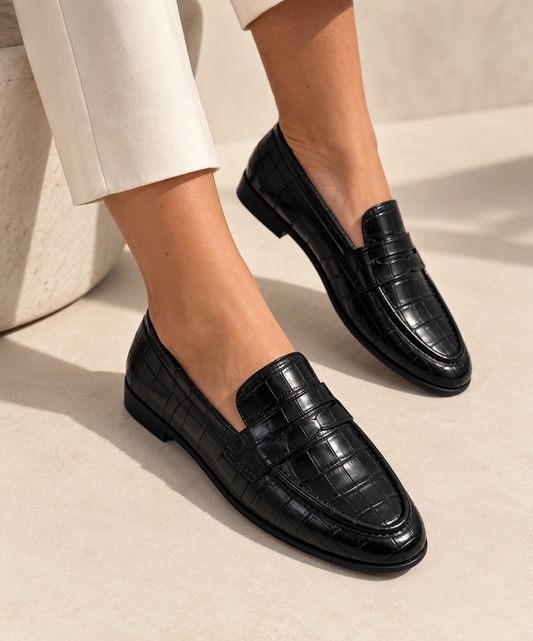 Croco Penny Loafers – Black