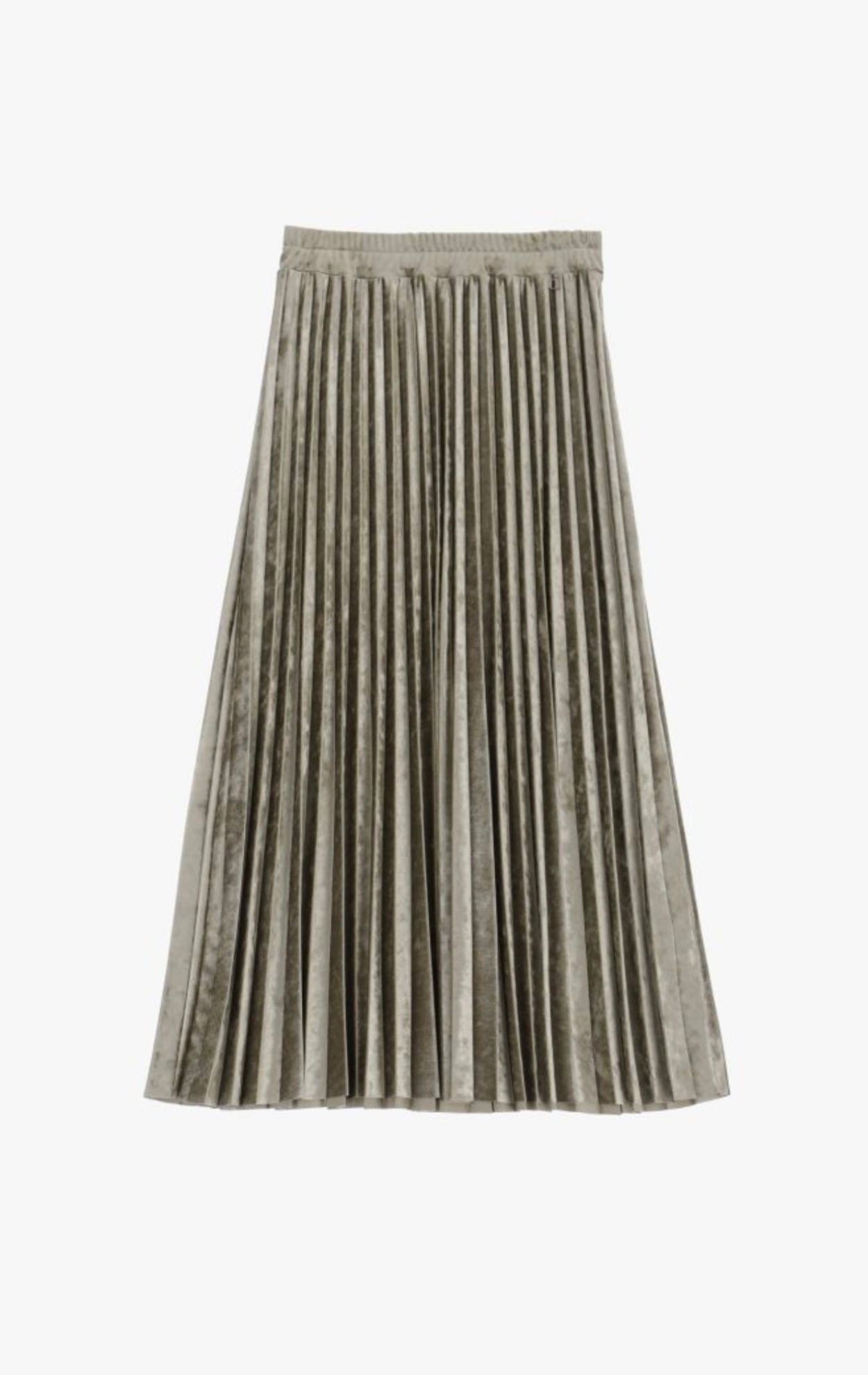 Mid-length pleated metallic skirt