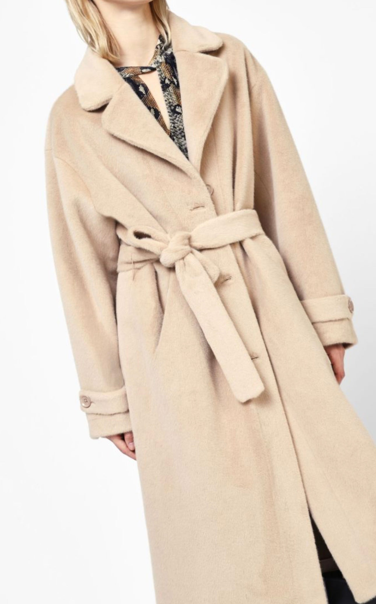 Faux Fur Long coat with tied belt