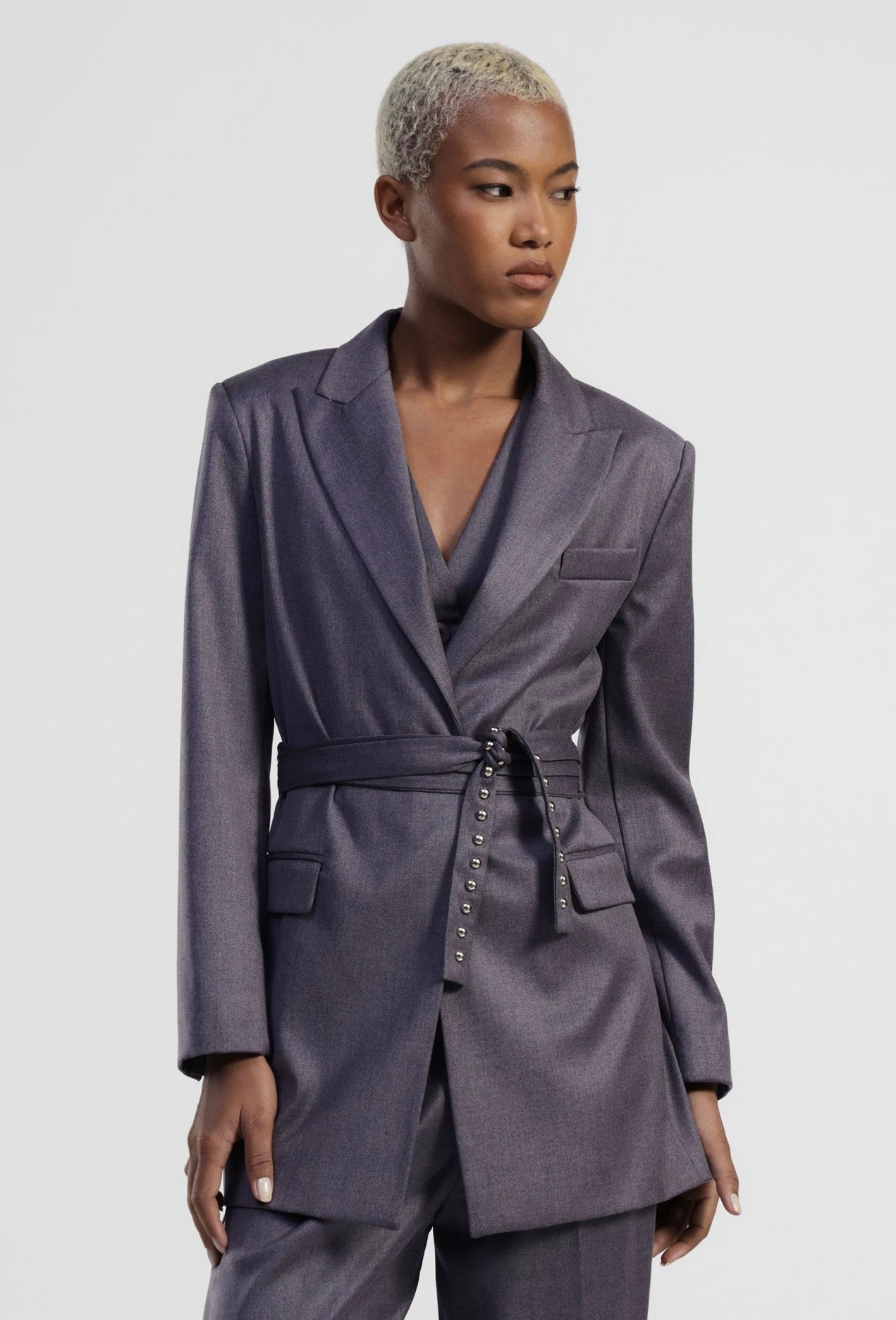 Suit with belted jacket and wide-leg trousers