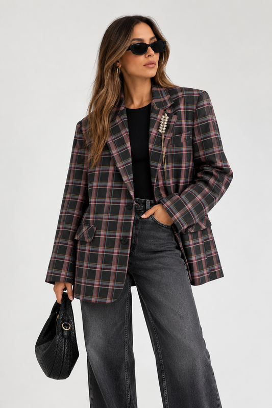 Dixie Oversized Καρό Blazer με Κόσμημα – Anthracite