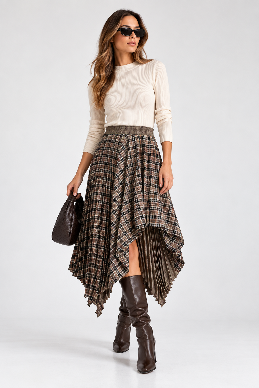 Dixie Asymmetrical Check Midi Skirt – Brown