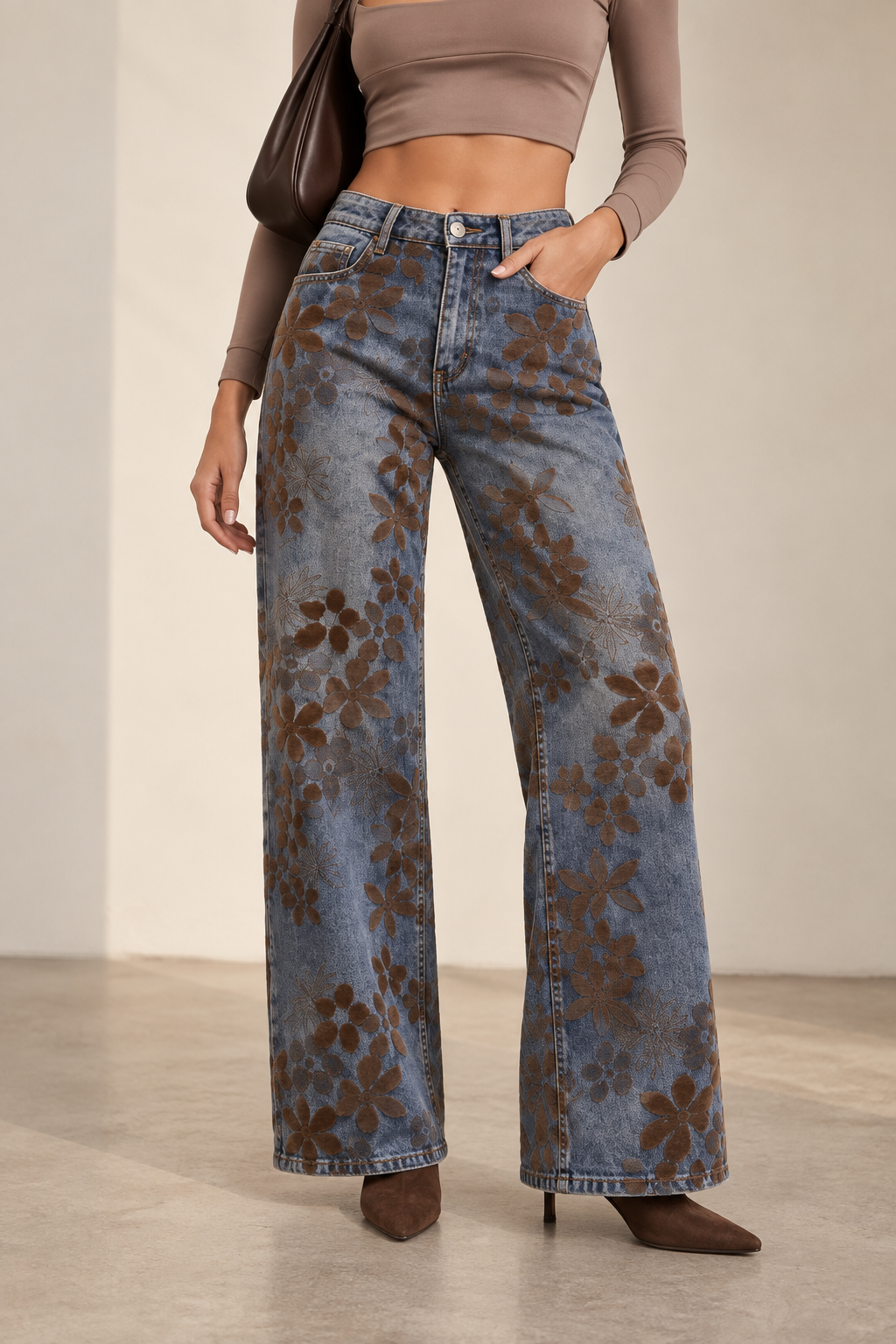 Floral Wide Leg Jeans – Blue & Brown