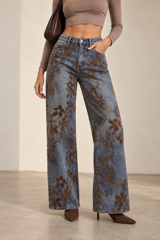 Floral Wide Leg Jeans – Blue & Brown