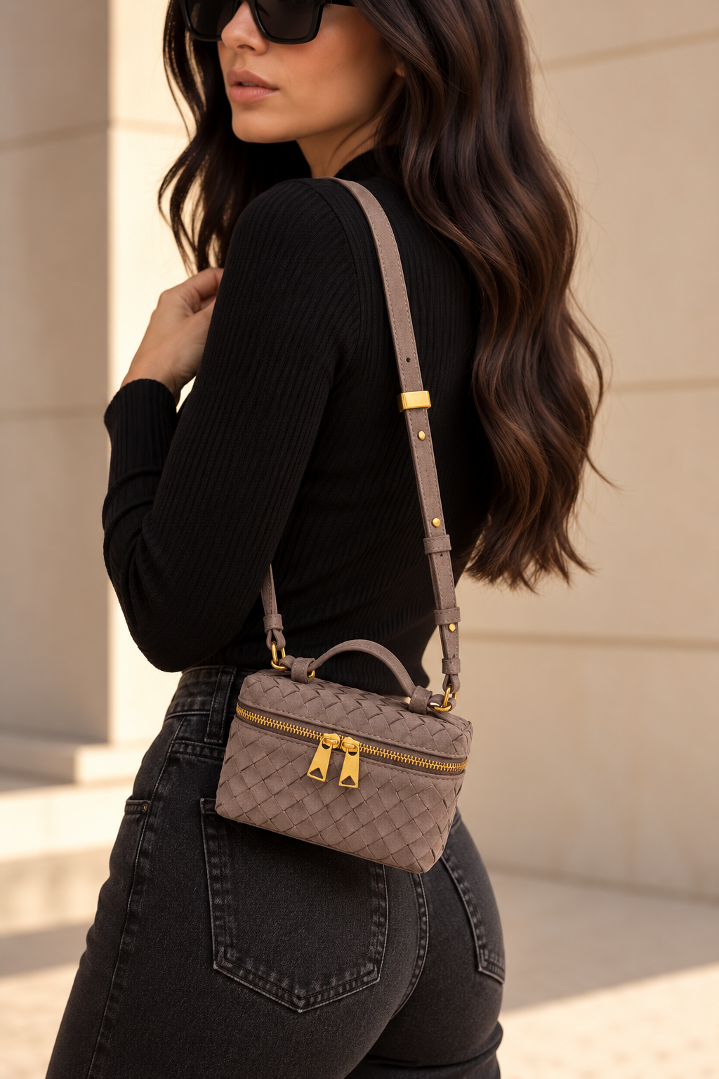 Suede Woven Mini Bag – Taupe