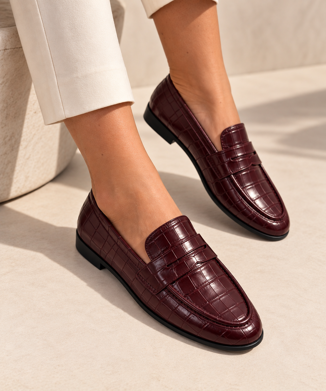 Croco Penny Loafers – Burgundy