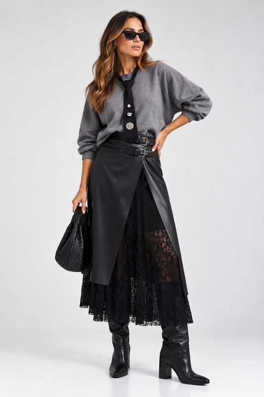 Dixie Leather-Look Midi Φούστα με Δαντέλα & Αγκράφες – Black