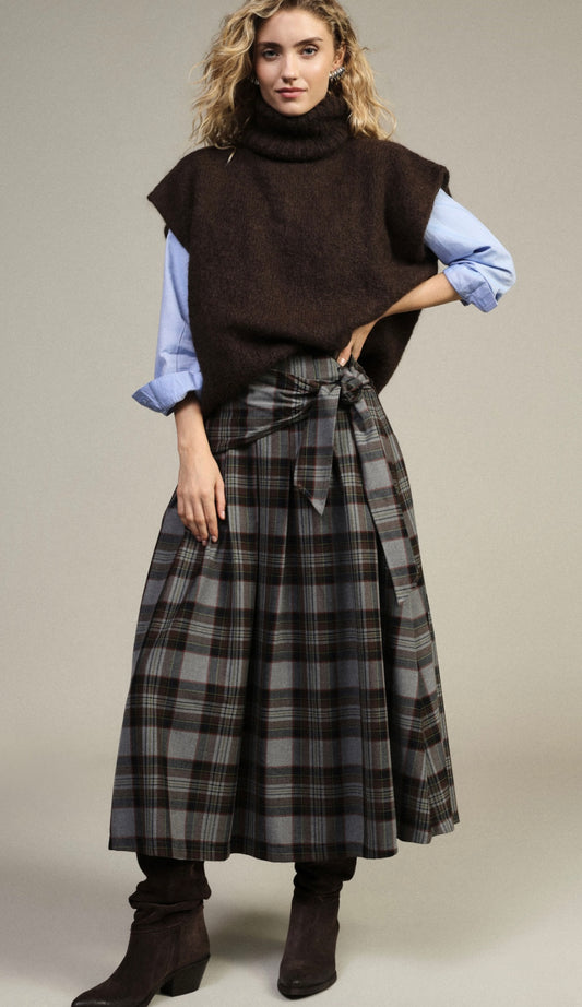 Dixie High-Waist Καρό Midi Φούστα με Δέσιμο – Grey/Brown