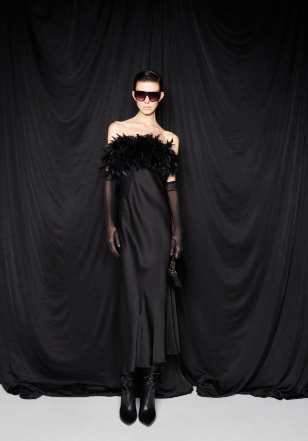 SATIN DRESS WITH FEATHERS