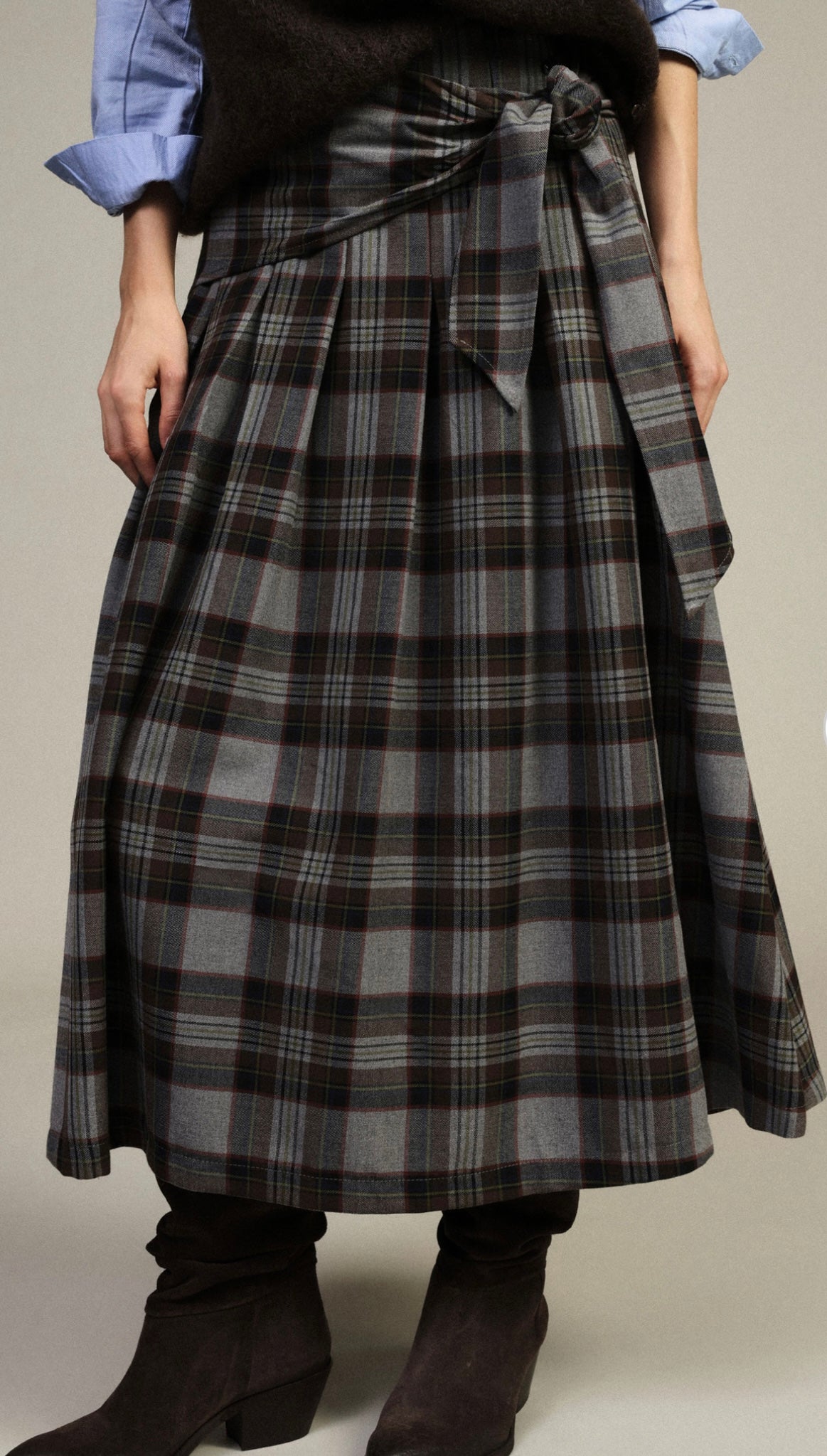 Dixie High-Waist Καρό Midi Φούστα με Δέσιμο – Grey/Brown