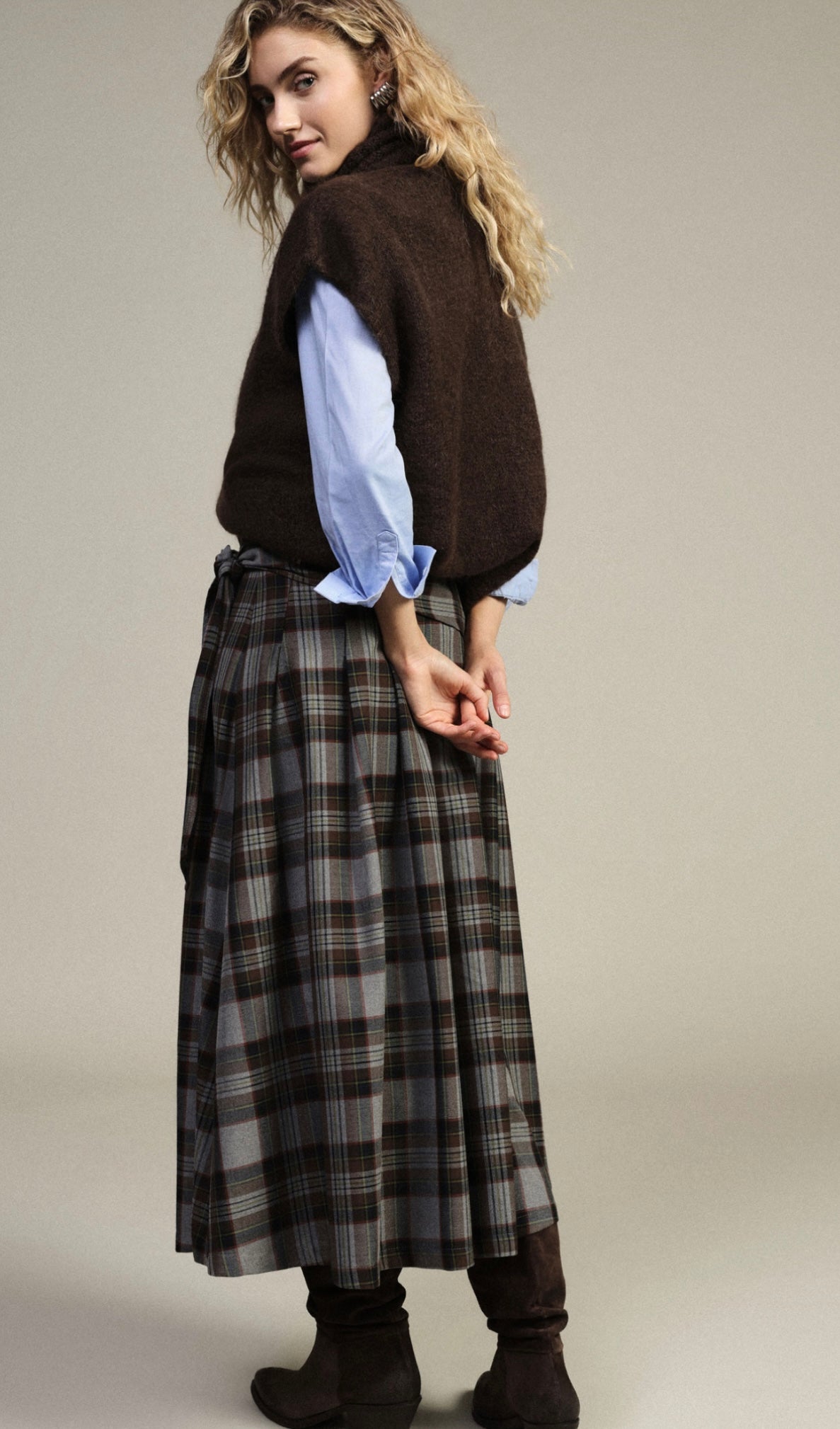 Dixie High-Waist Καρό Midi Φούστα με Δέσιμο – Grey/Brown