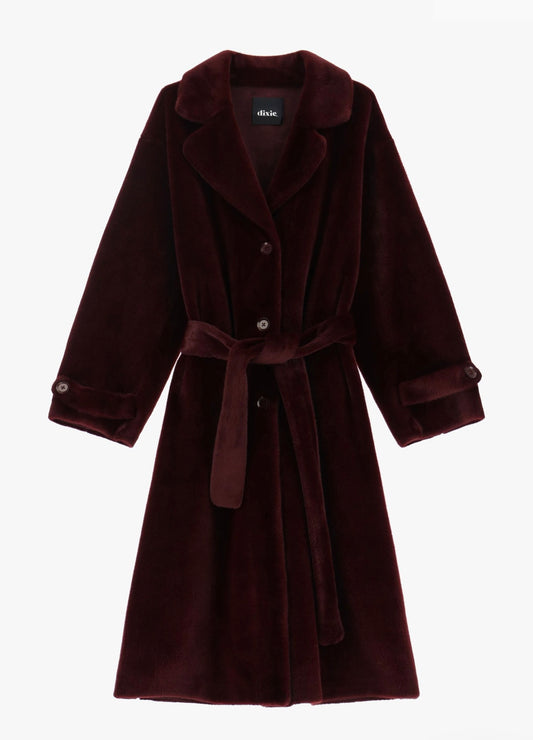 Long Bordeaux coat with buttons and belt
