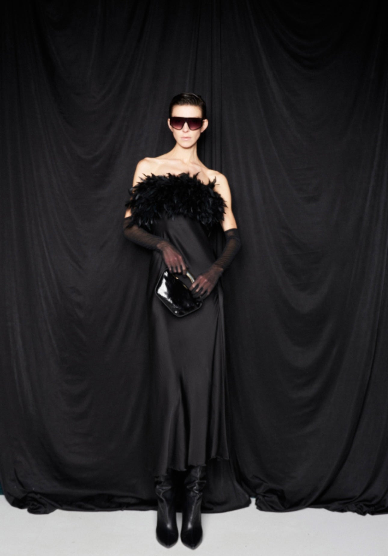 SATIN DRESS WITH FEATHERS