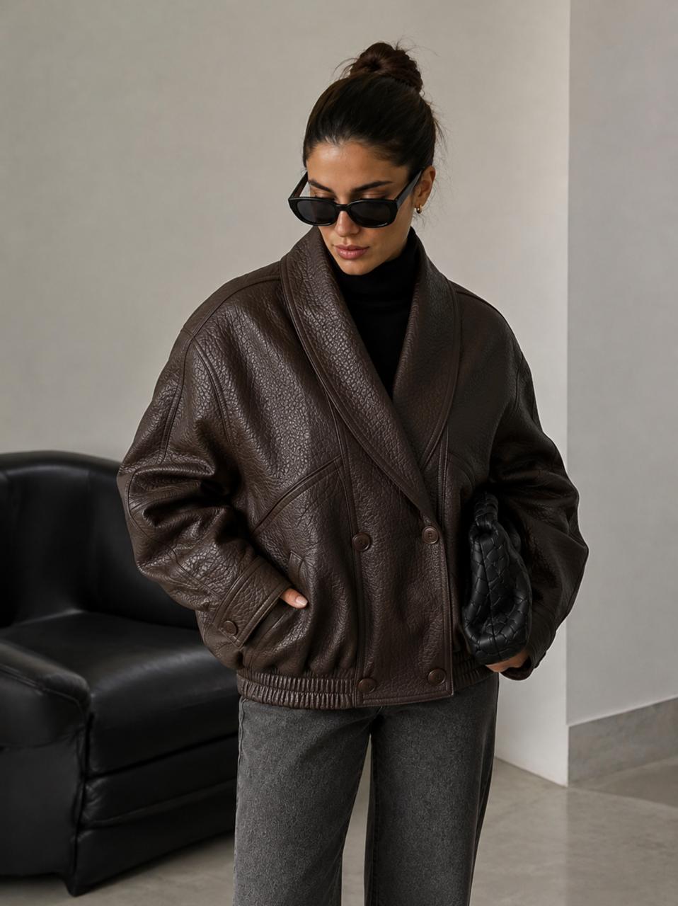 Oversized vegan leather jacket brown