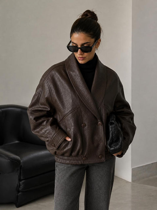 Oversized vegan leather jacket brown