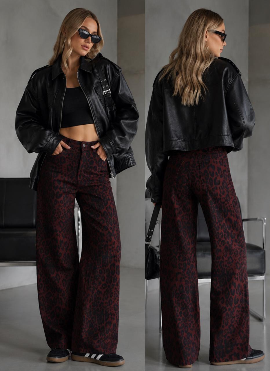 High Waist leopard jeans Bordeaux