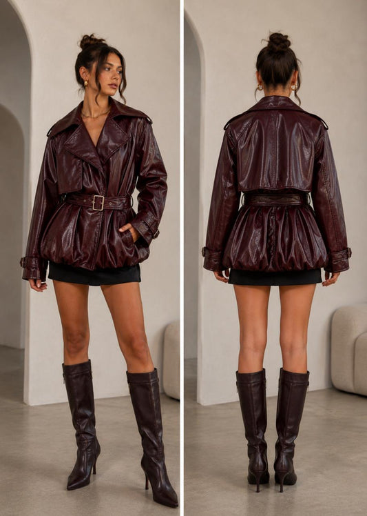 Faux Leather Jacket wine red
