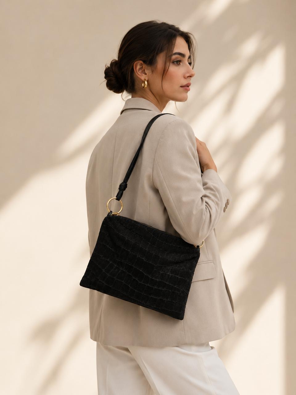 Croc leather shoulder bag black
