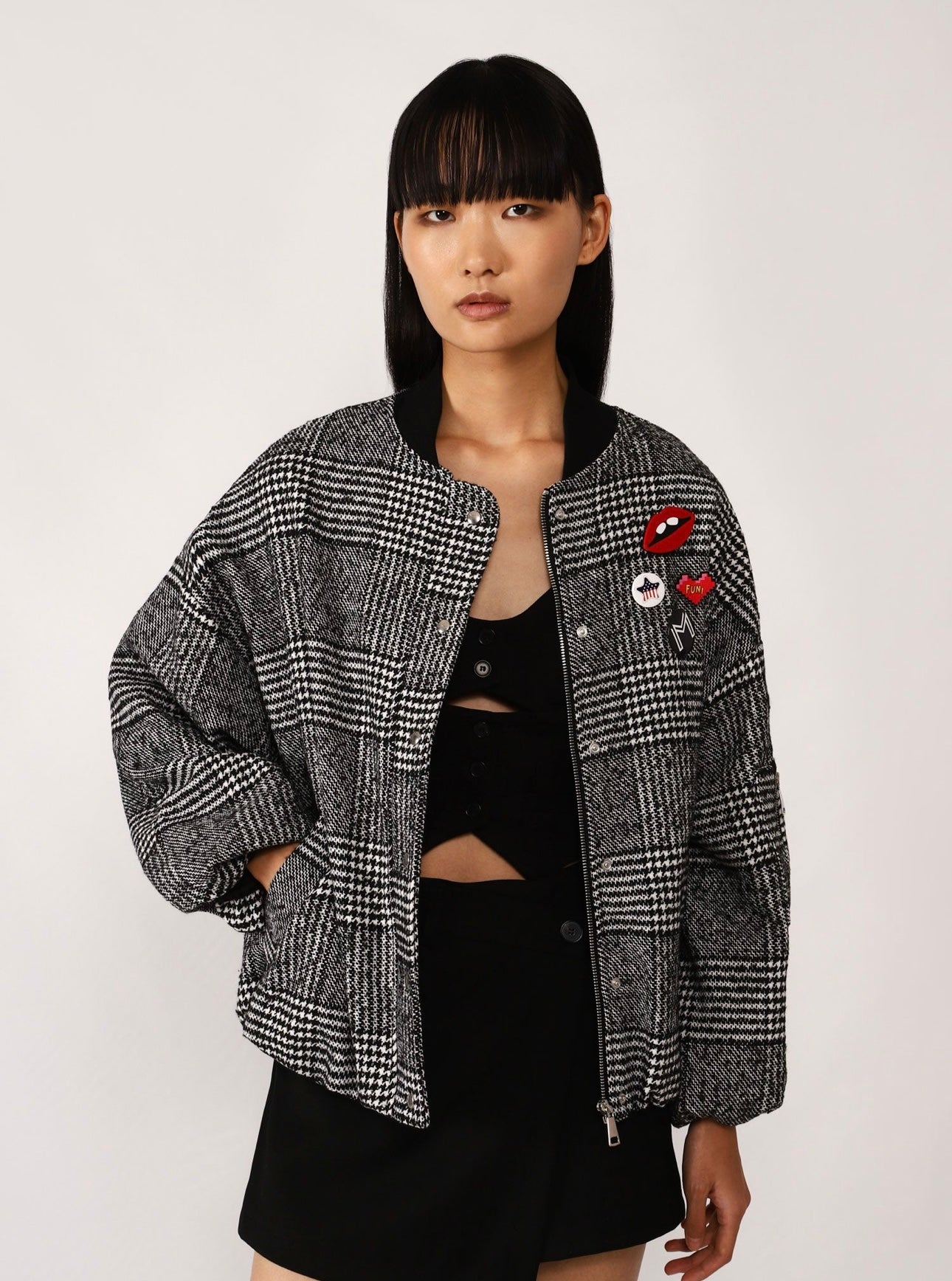 Oversized bomber jacket with brooches