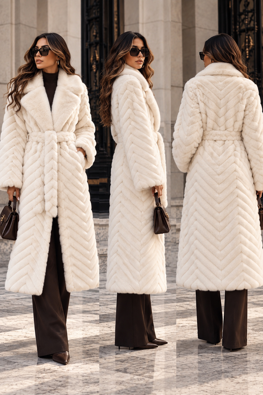 Luxury Chevron Faux Fur Παλτό με Ζώνη – White