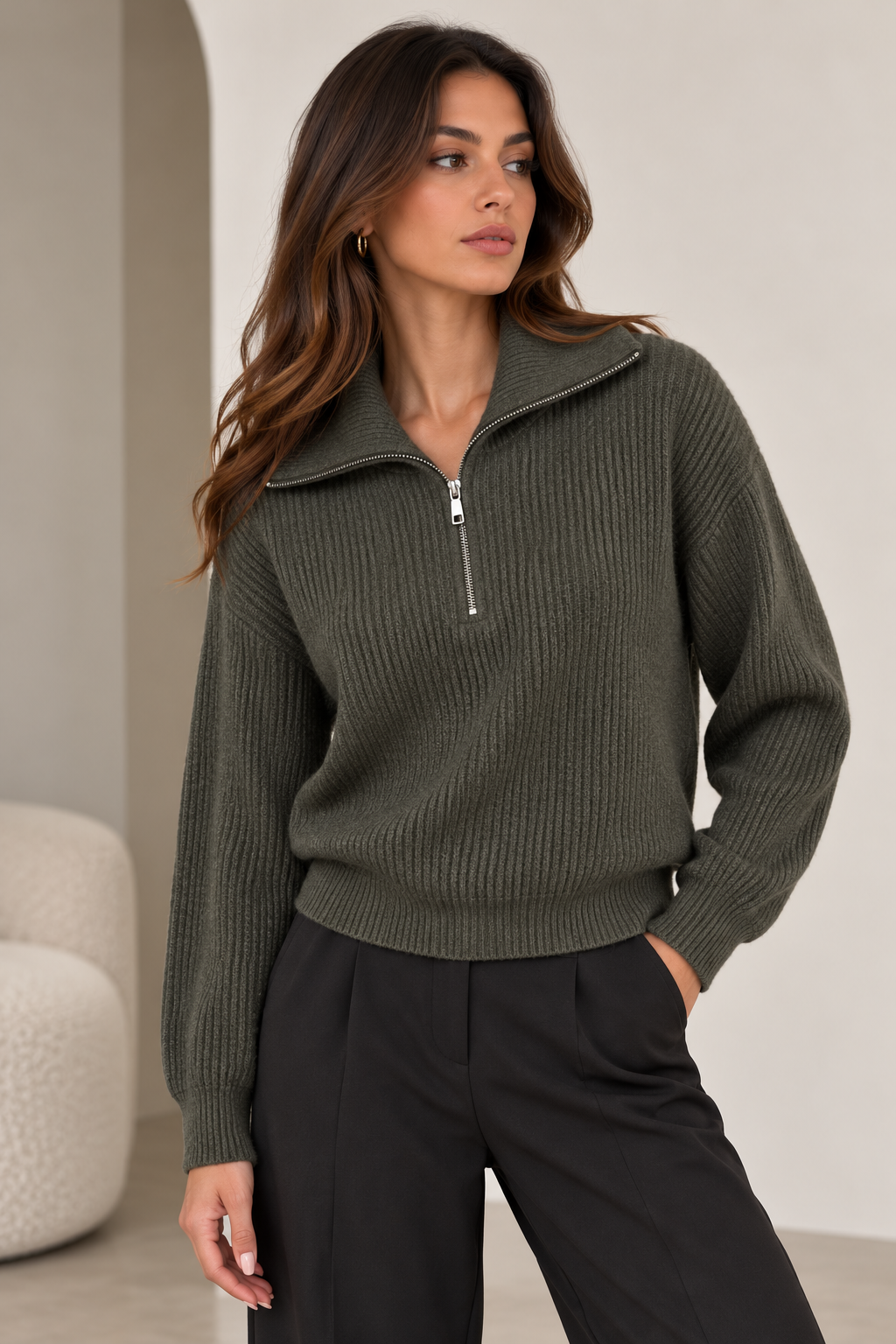 Πλεκτή Μπλούζα με Φερμουάρ & Γιακά – Rib Knit- Khaki